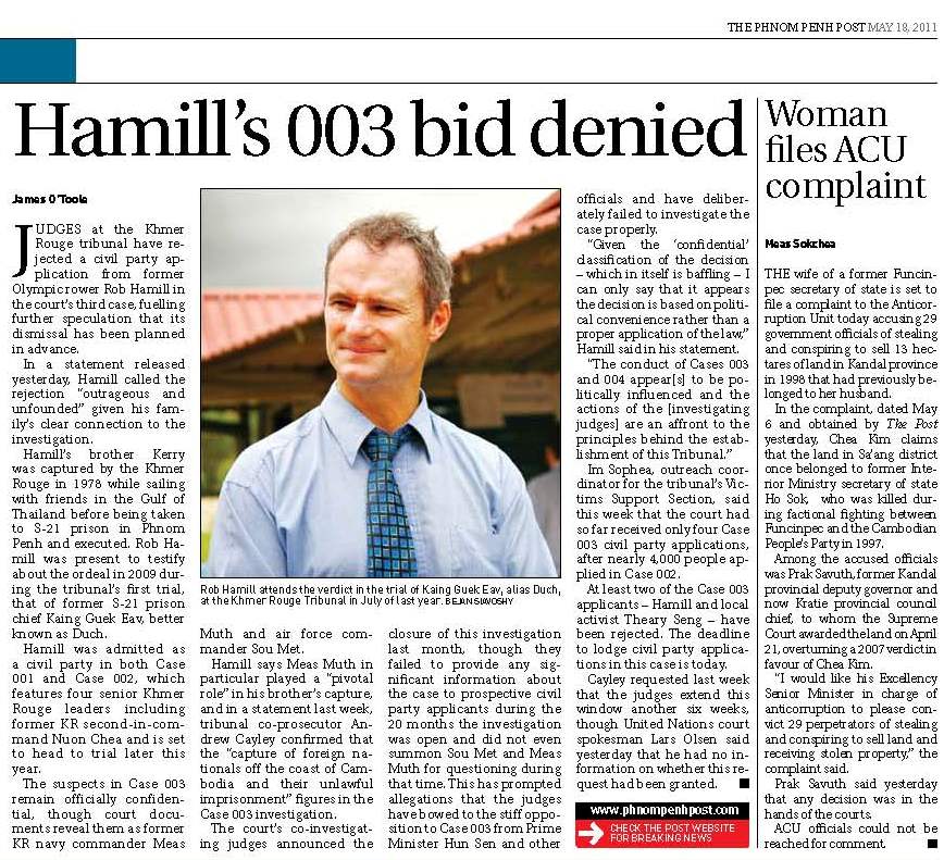 Phnom Penh Post, CIJs reject Rob Hamill's CP application, 18 May 2011